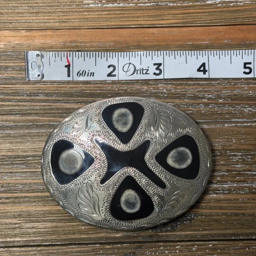 Vintage Western Belt Buckle Silver Tone Deer Antler Inlay Floral Engraved Oval